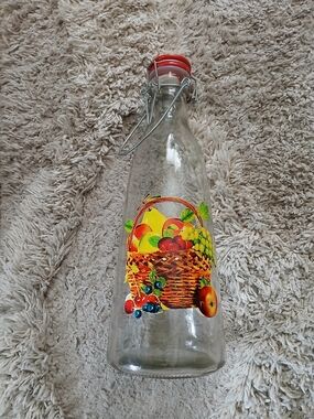 Glass Fruit Basket Bottle with Red Flip-Top Lid